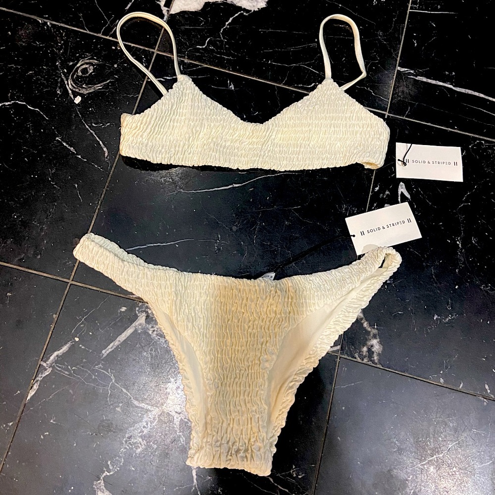 Solid & Striped White Cream Ruched Bikini Rachel Top and Bottom Set